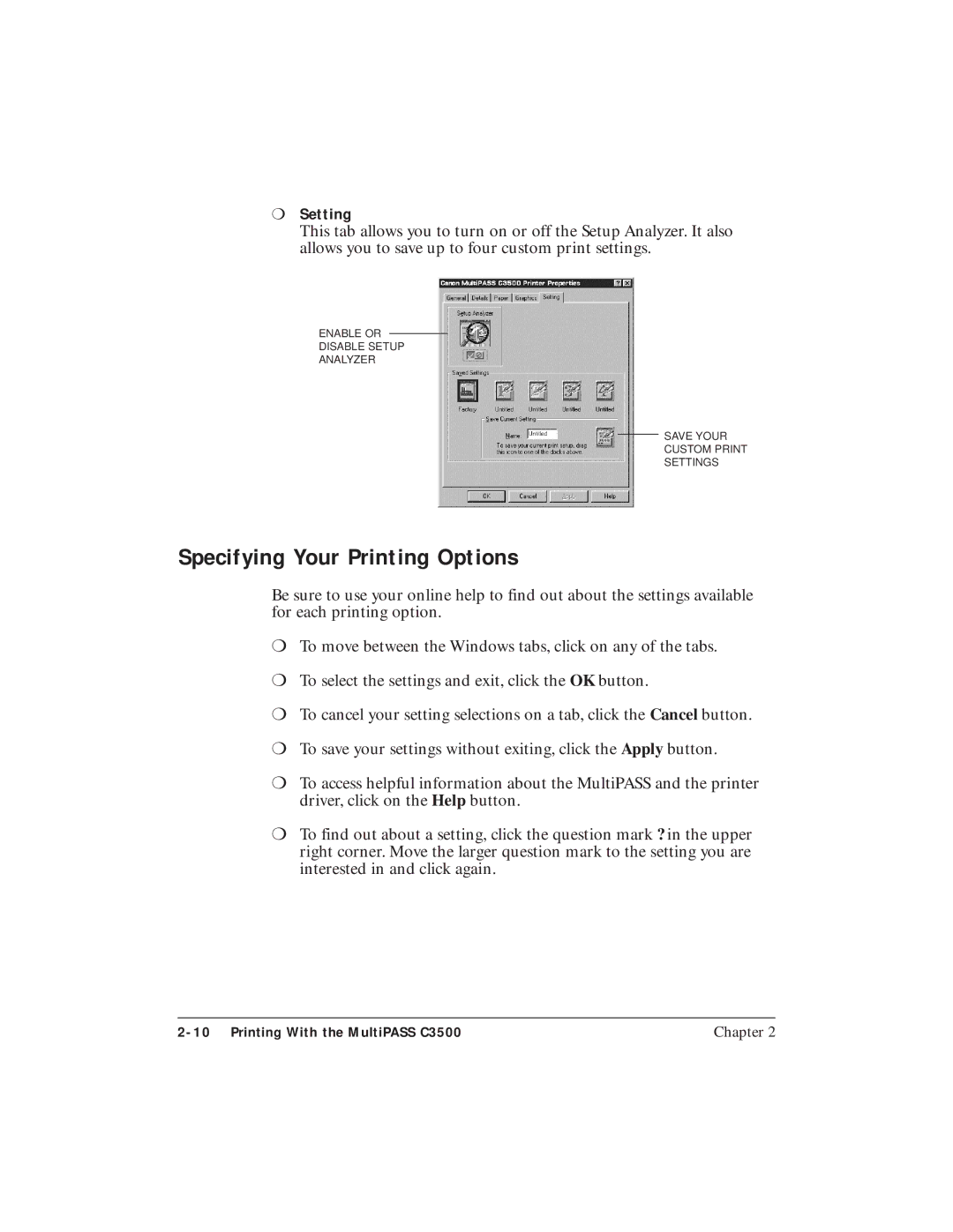 Canon C3500 user manual Specifying Your Printing Options, Setting 