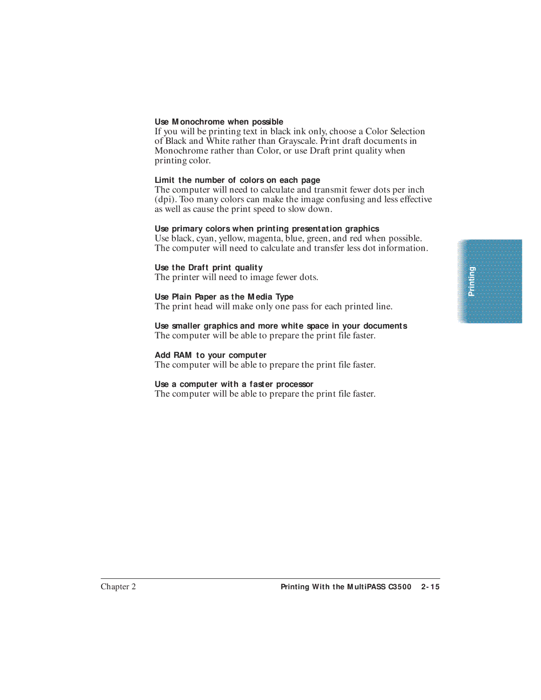 Canon C3500 user manual Use Monochrome when possible, Limit the number of colors on each, Use the Draft print quality 