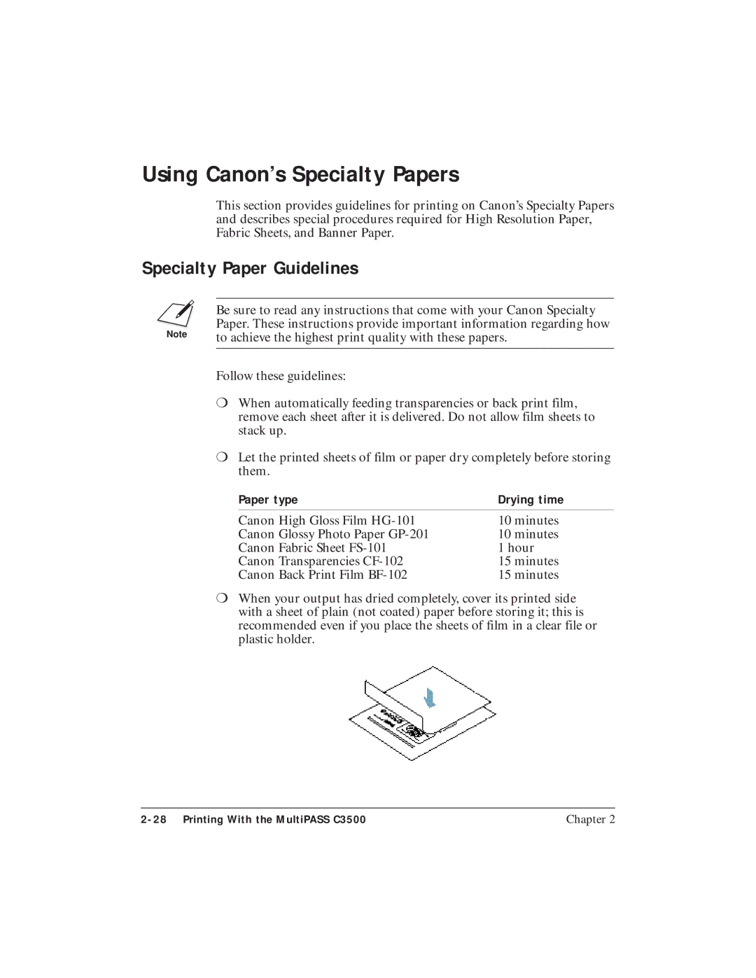 Canon C3500 user manual Using Canon’s Specialty Papers, Specialty Paper Guidelines, Paper type Drying time 