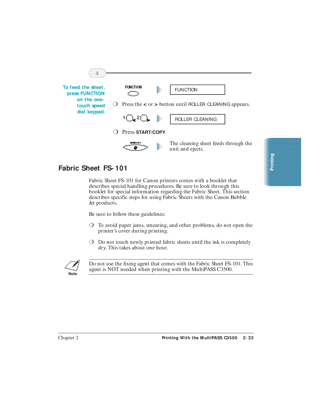 Canon C3500 user manual Fabric Sheet FS-101, To feed the sheet, On the one, Dial keypad 