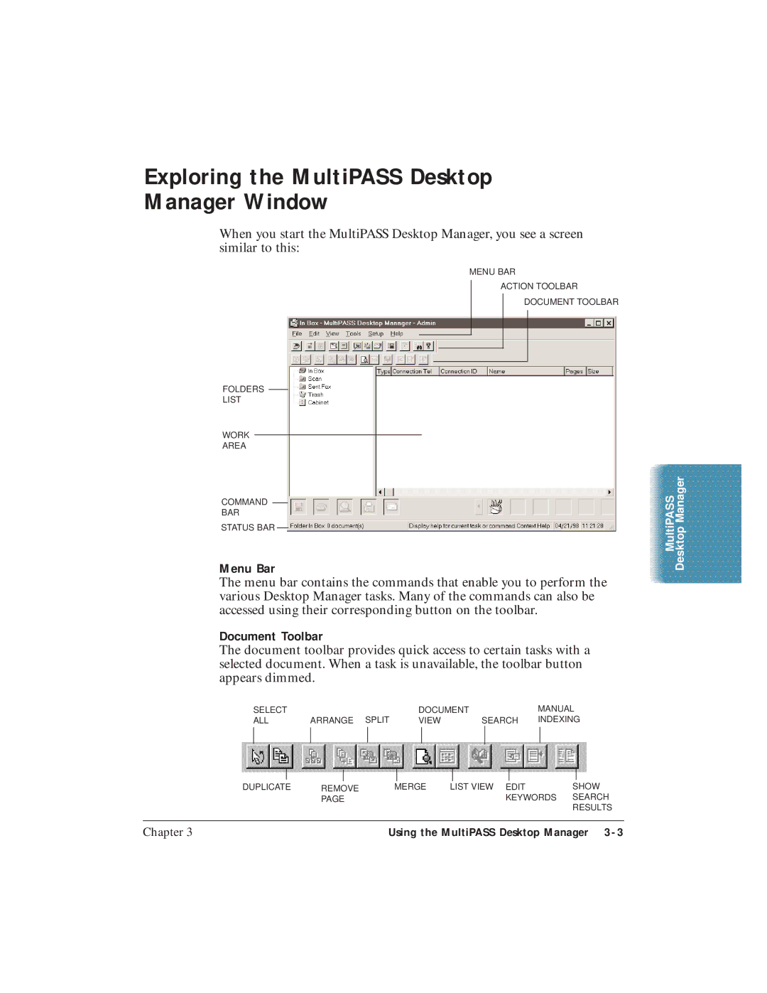 Canon C3500 user manual Exploring the MultiPASS Desktop Manager Window, Menu Bar, Document Toolbar 