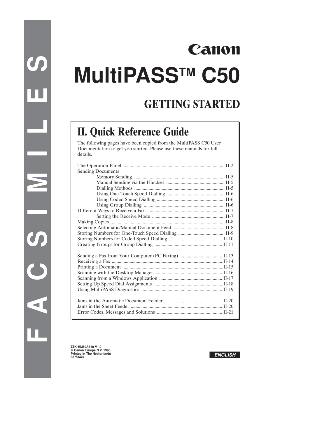 Canon C50 manual II. Quick Reference Guide, II-1 