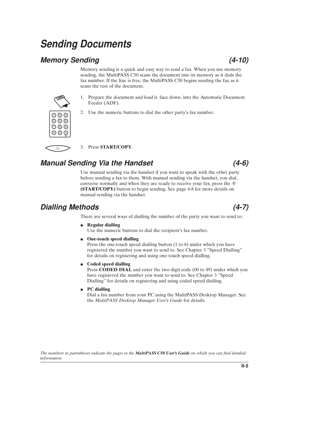 Canon C50 manual Sending Documents, Memory Sending, Manual Sending Via the Handset, Dialling Methods 