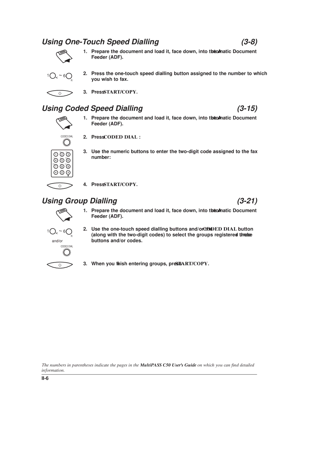 Canon C50 manual Using One-Touch Speed Dialling, Using Coded Speed Dialling, Using Group Dialling, Press Coded Dial, II-6 