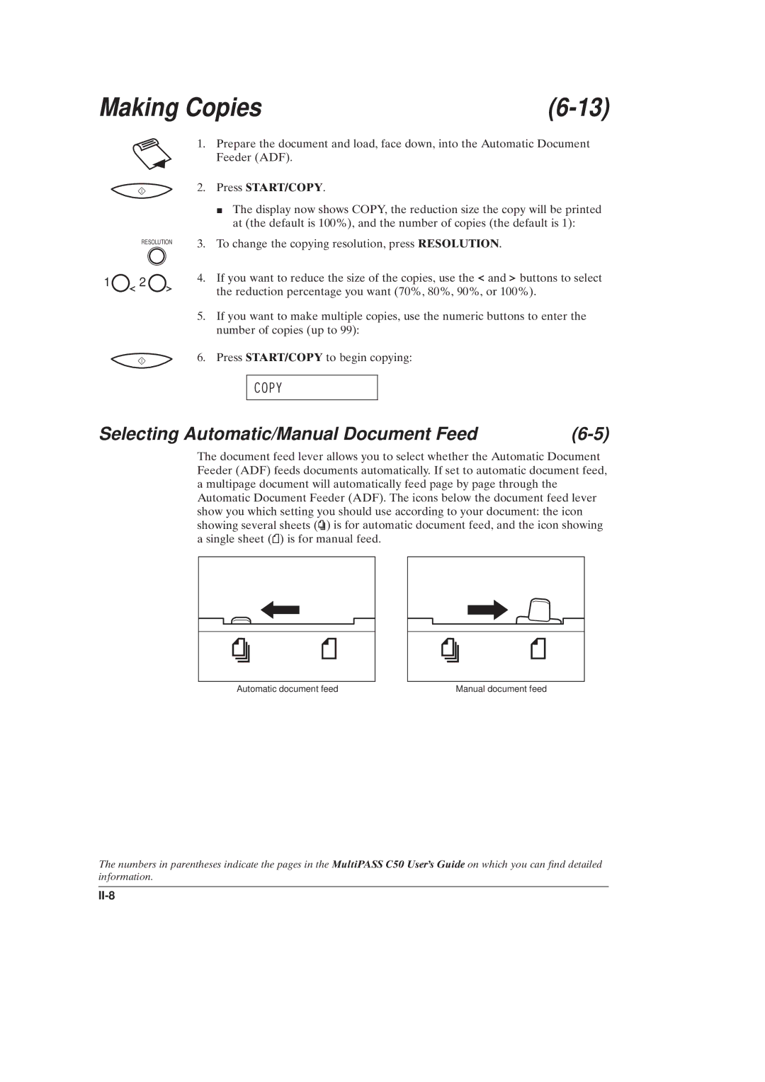 Canon C50 manual Making Copies, Selecting Automatic/Manual Document Feed, II-8 