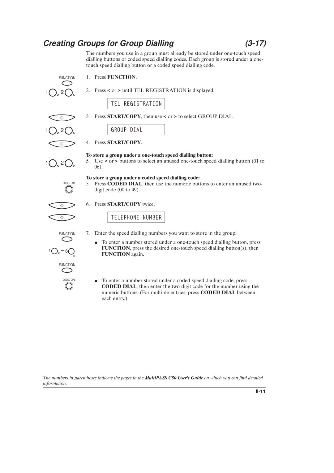 Canon C50 manual Creating Groups for Group Dialling, To store a group under a coded speed dialling code, II-11 