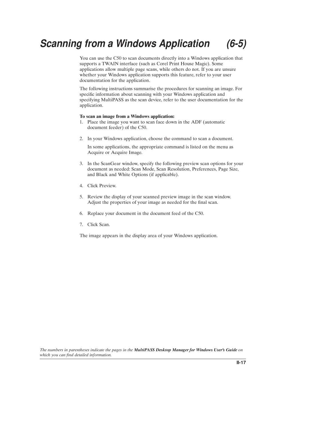 Canon C50 manual Scanning from a Windows Application, To scan an image from a Windows application, II-17 