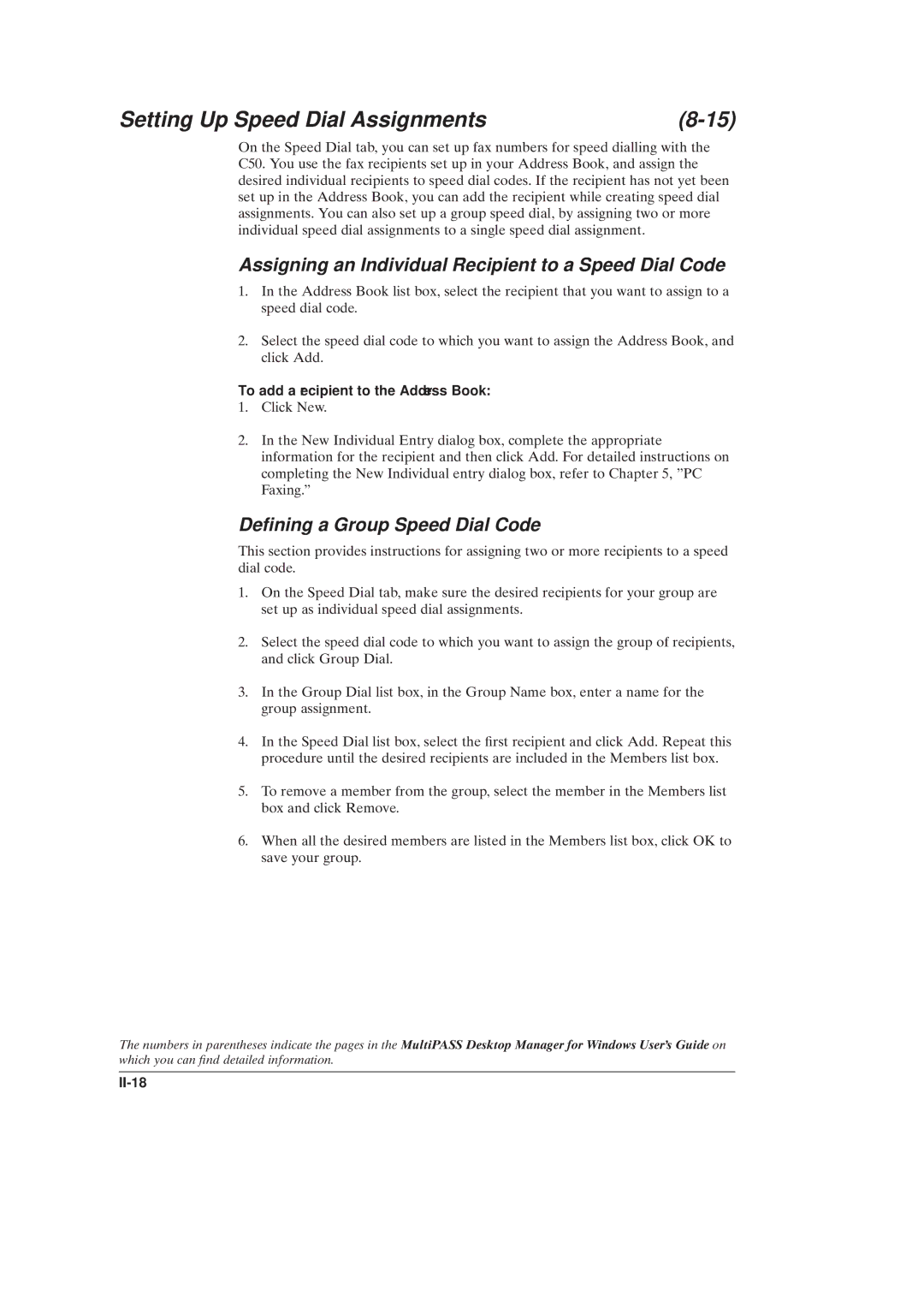 Canon C50 manual Setting Up Speed Dial Assignments, Assigning an Individual Recipient to a Speed Dial Code, II-18 