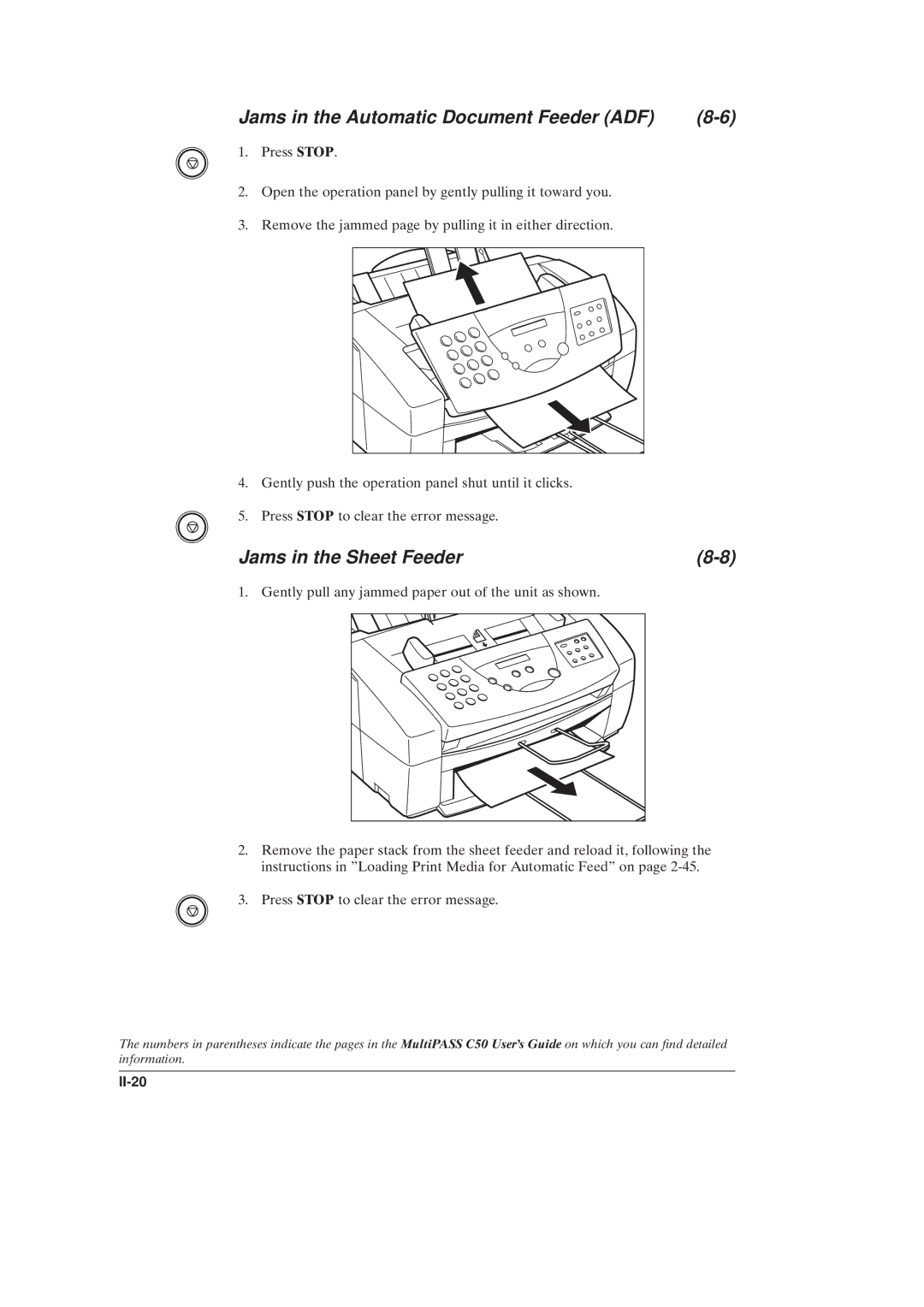 Canon C50 manual Jams in the Automatic Document Feeder ADF, Jams in the Sheet Feeder, II-20 