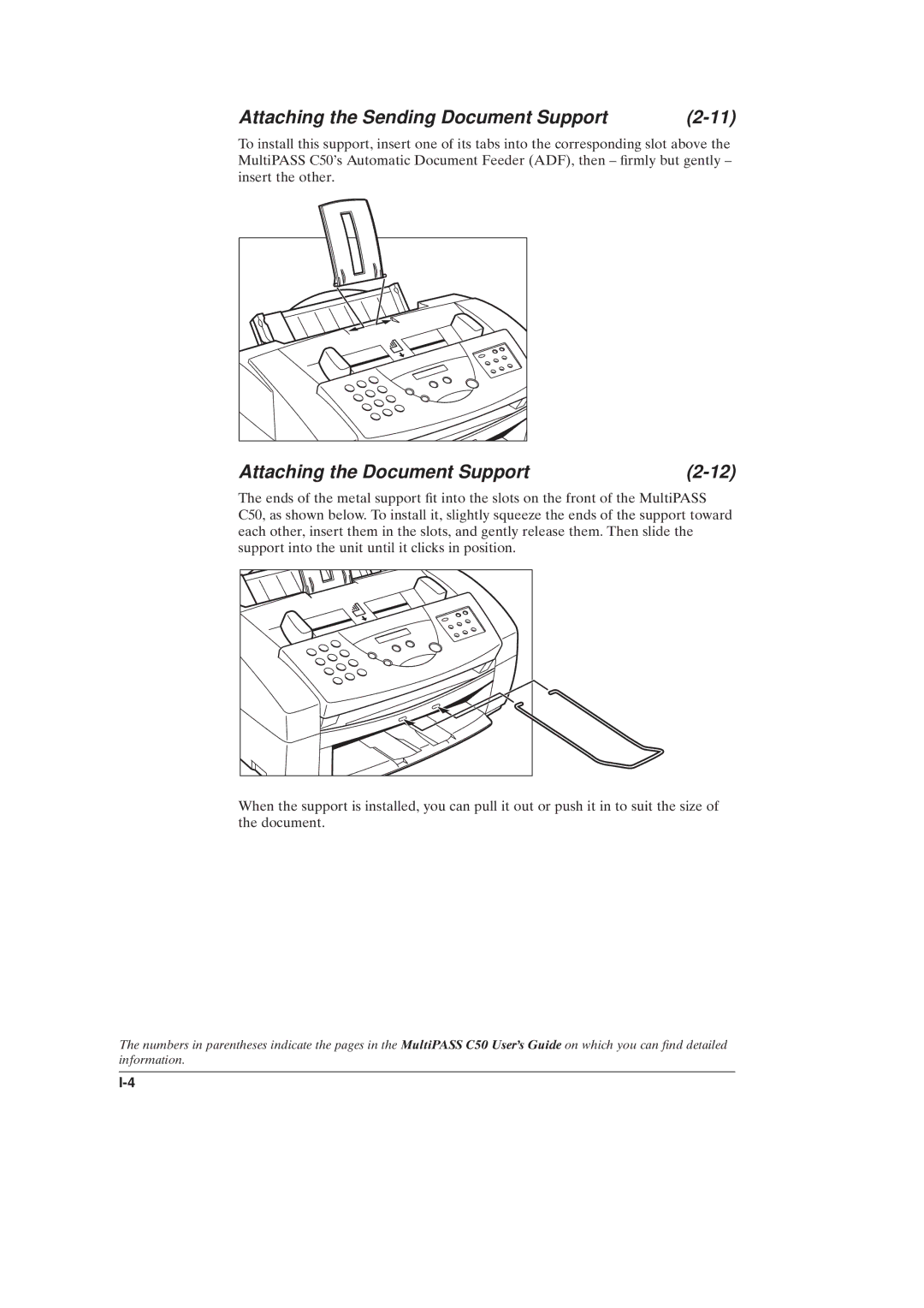 Canon C50 manual Attaching the Sending Document Support, Attaching the Document Support 