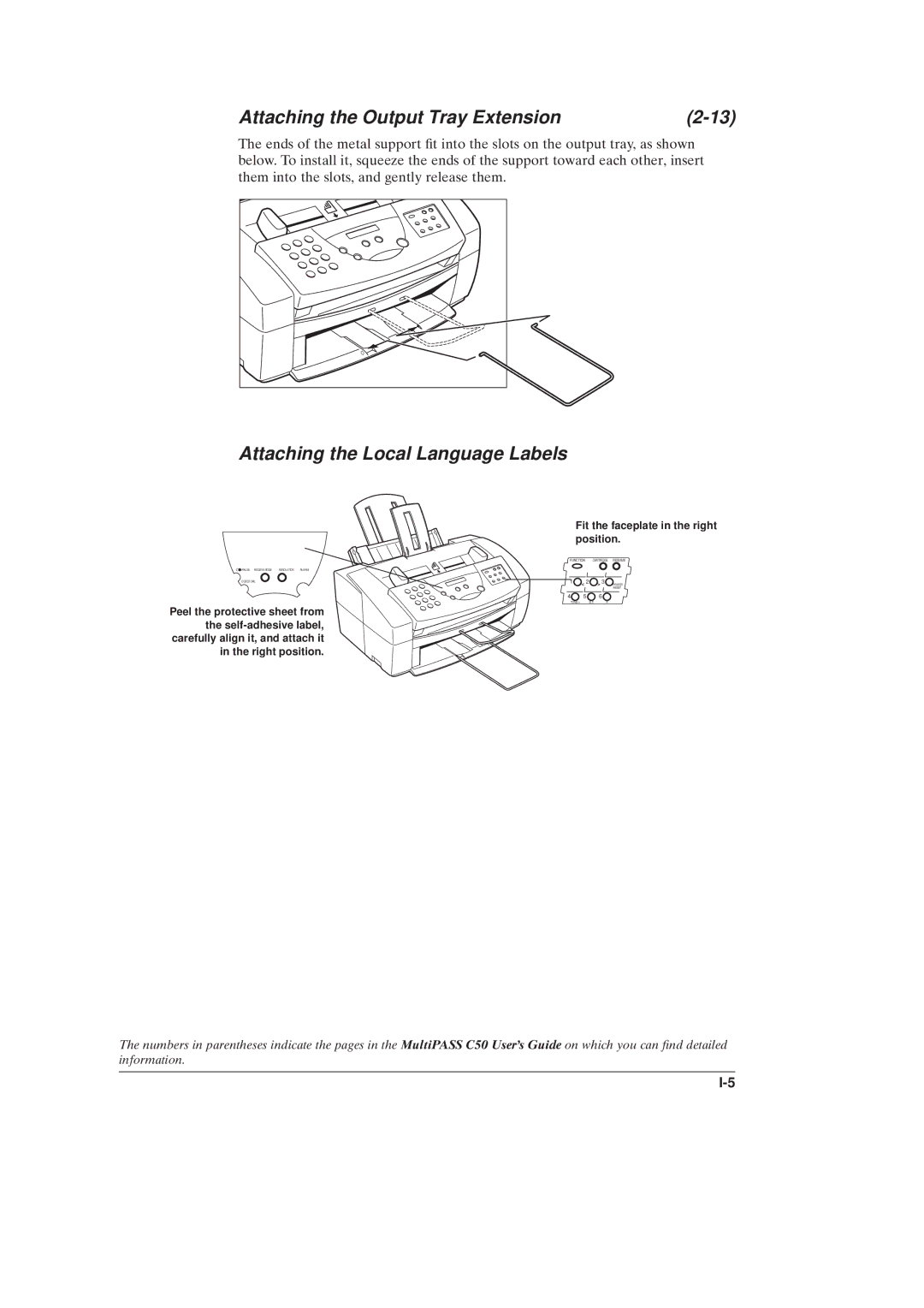 Canon C50 manual Attaching the Output Tray Extension, Attaching the Local Language Labels 