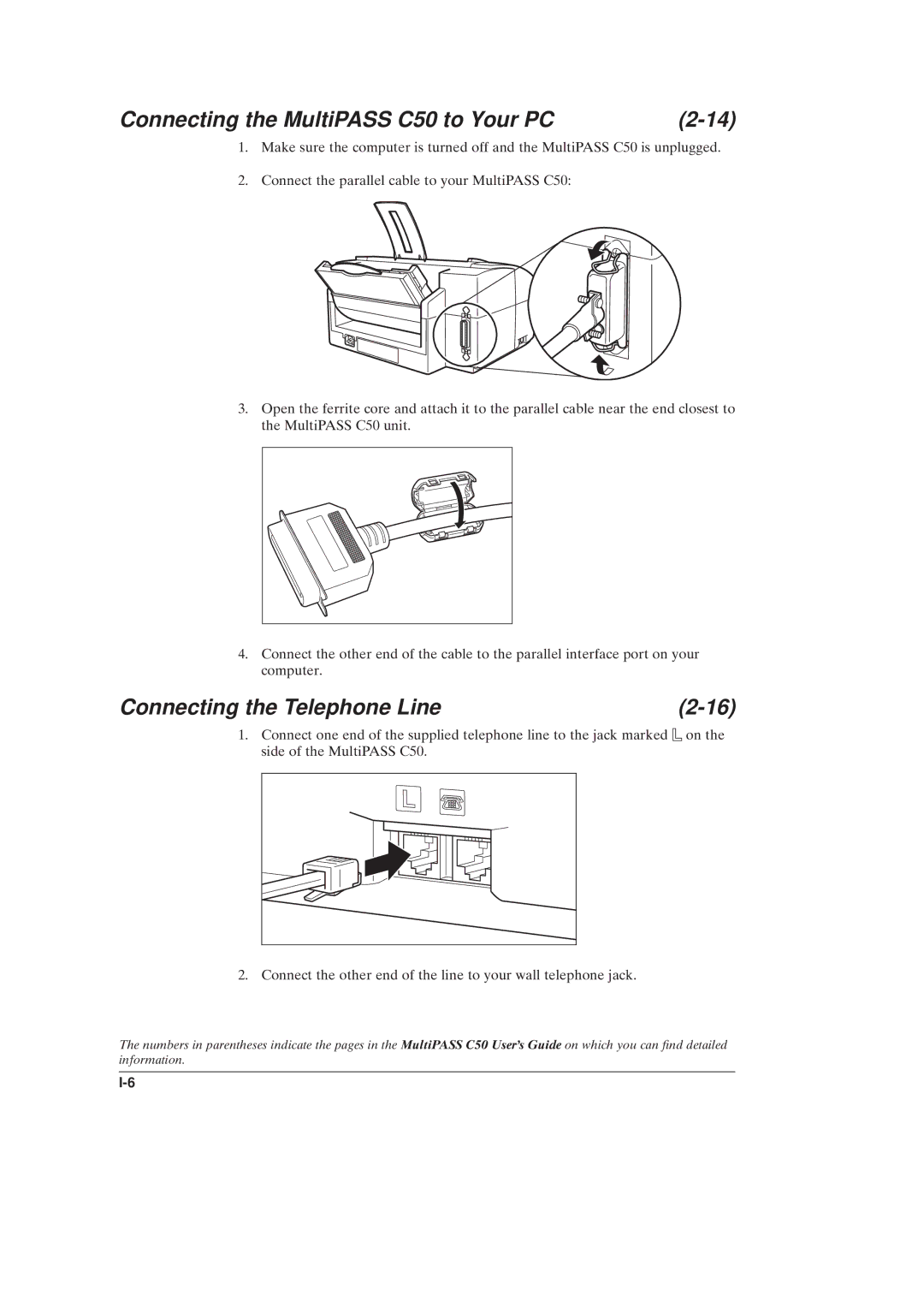 Canon manual Connecting the MultiPASS C50 to Your PC, Connecting the Telephone Line 