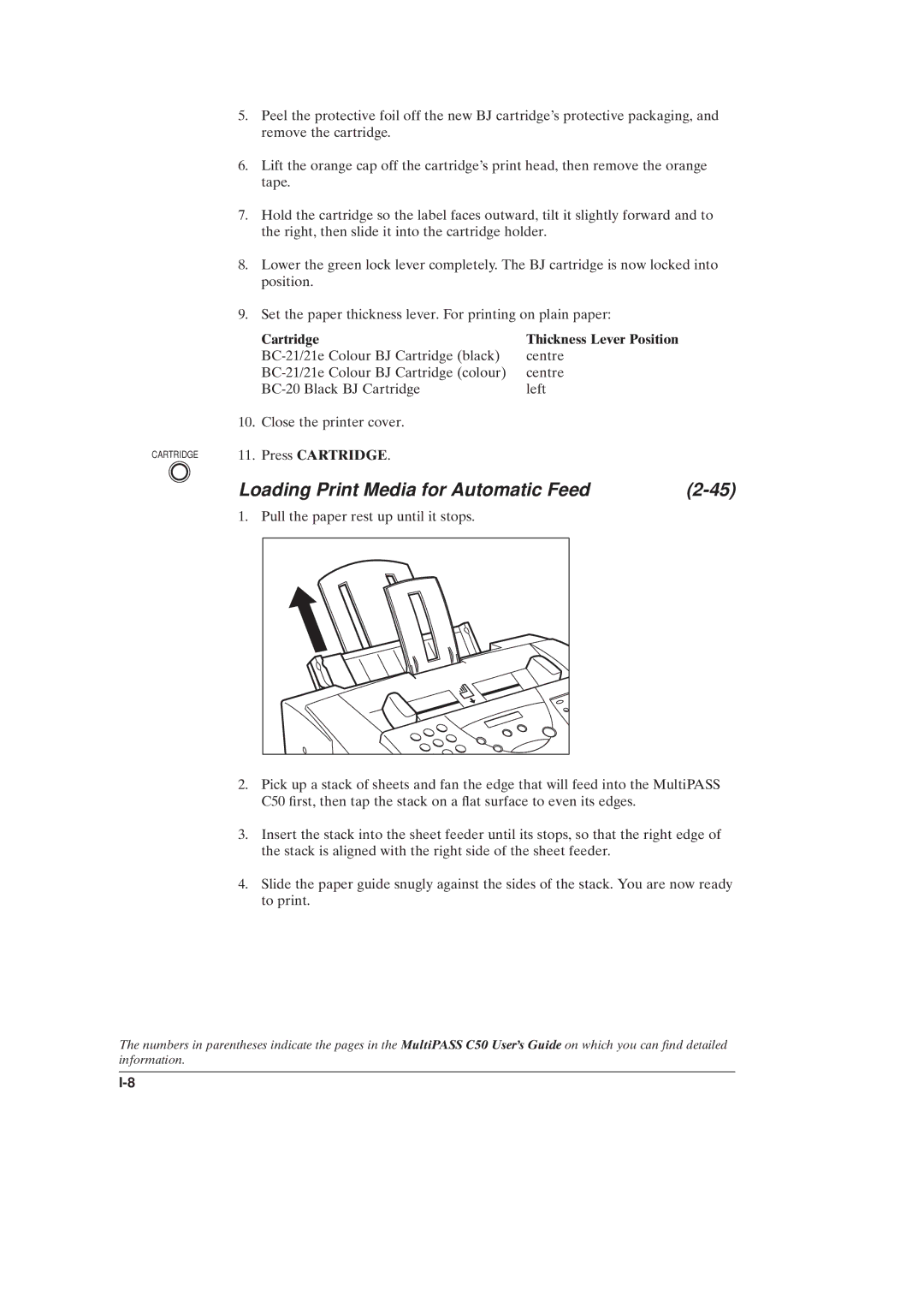 Canon C50 manual Loading Print Media for Automatic Feed, Press Cartridge 