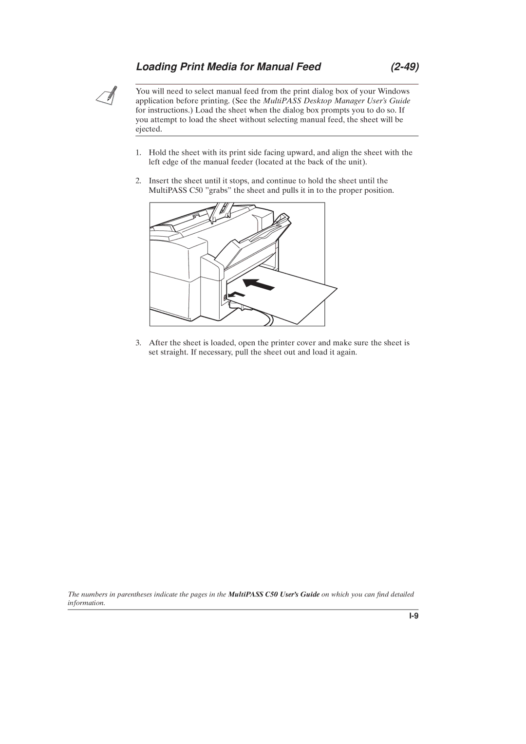 Canon C50 manual Loading Print Media for Manual Feed 