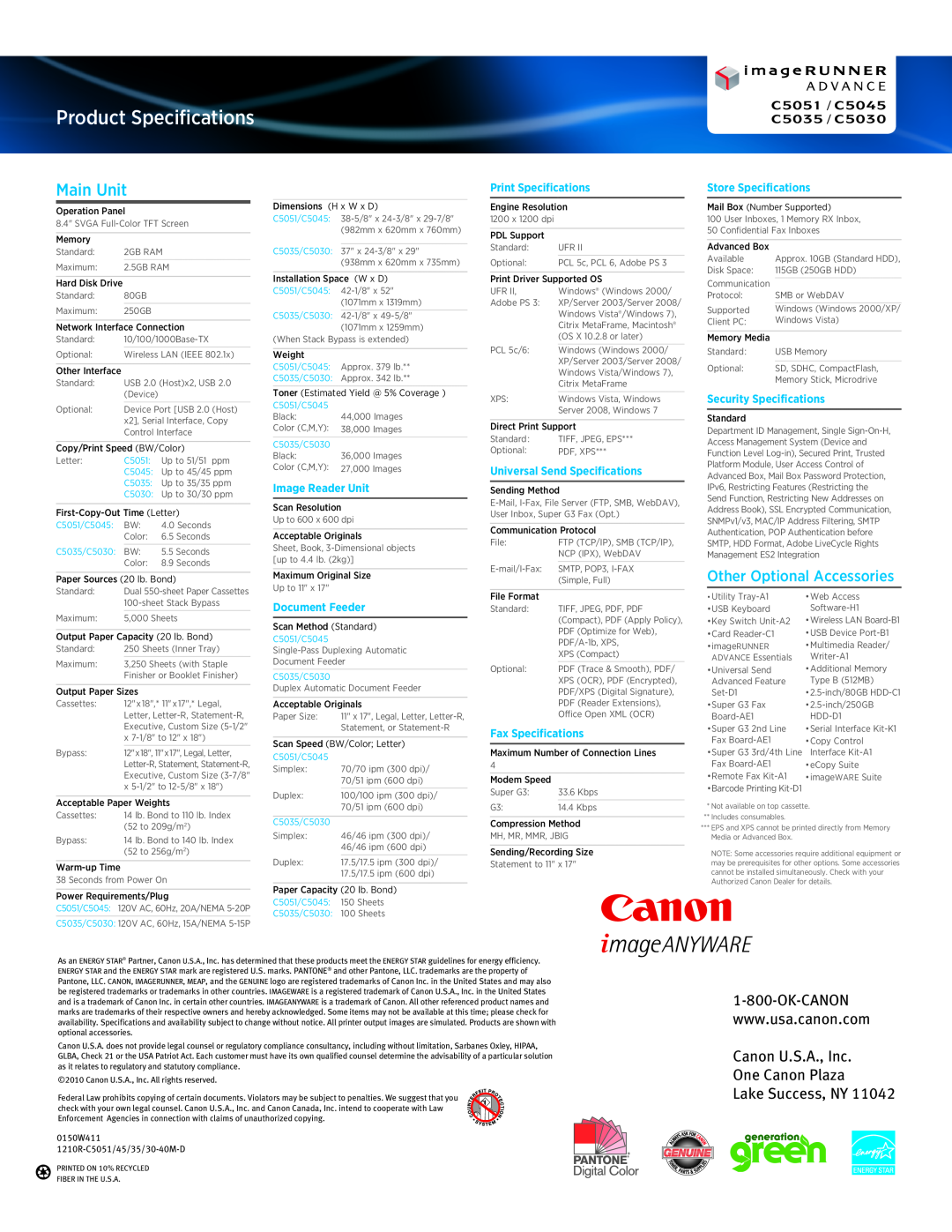 Canon C5045 manual Main Unit, Canon U.S.A., Inc One Canon Plaza Lake Success, NY, Product Specifications, Image Reader Unit 