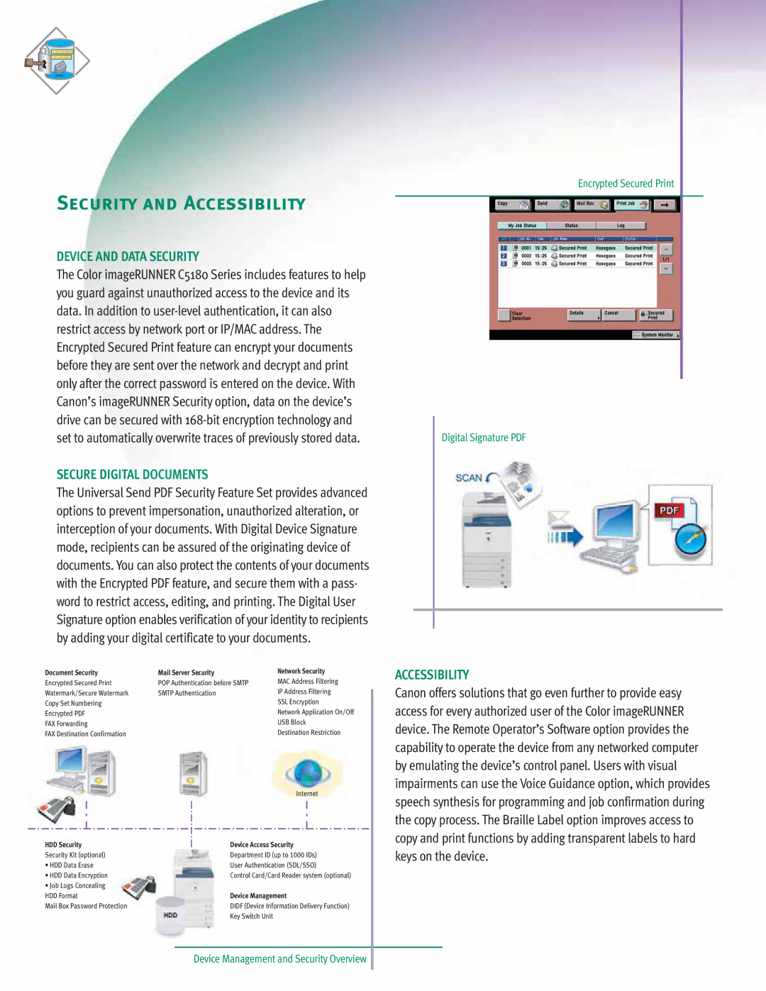 Canon C5180 Series manual Security and Accessibility, Device and Data Security, Secure Digital Documents 