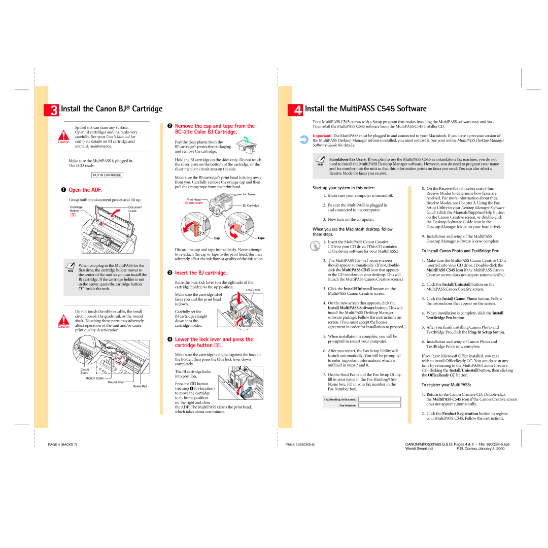 Canon C5451 quick start Install the MultiPASS C545 Software, Open the ADF, Insert the BJ cartridge 