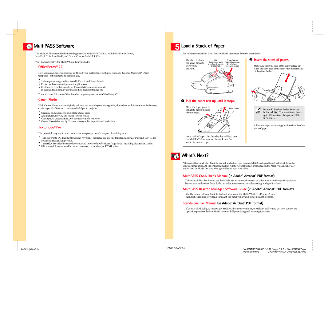 Canon C5451 quick start MultiPASS Software, Load a Stack of Paper, Whats Next? 