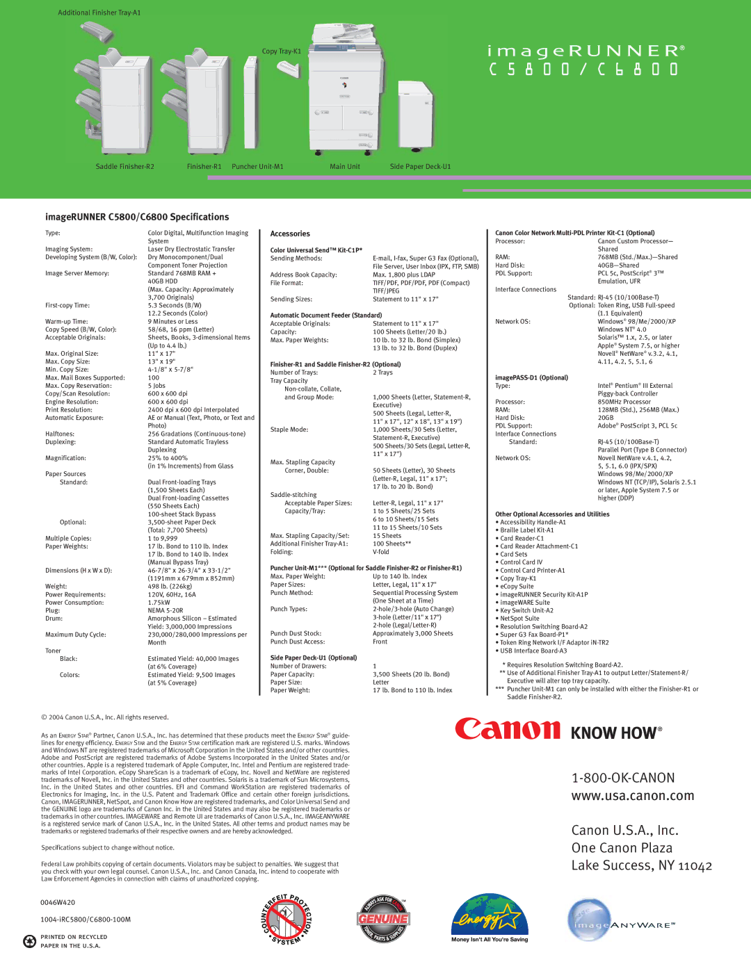 Canon C5800 manual Canon U.S.A., Inc One Canon Plaza Lake Success, NY 