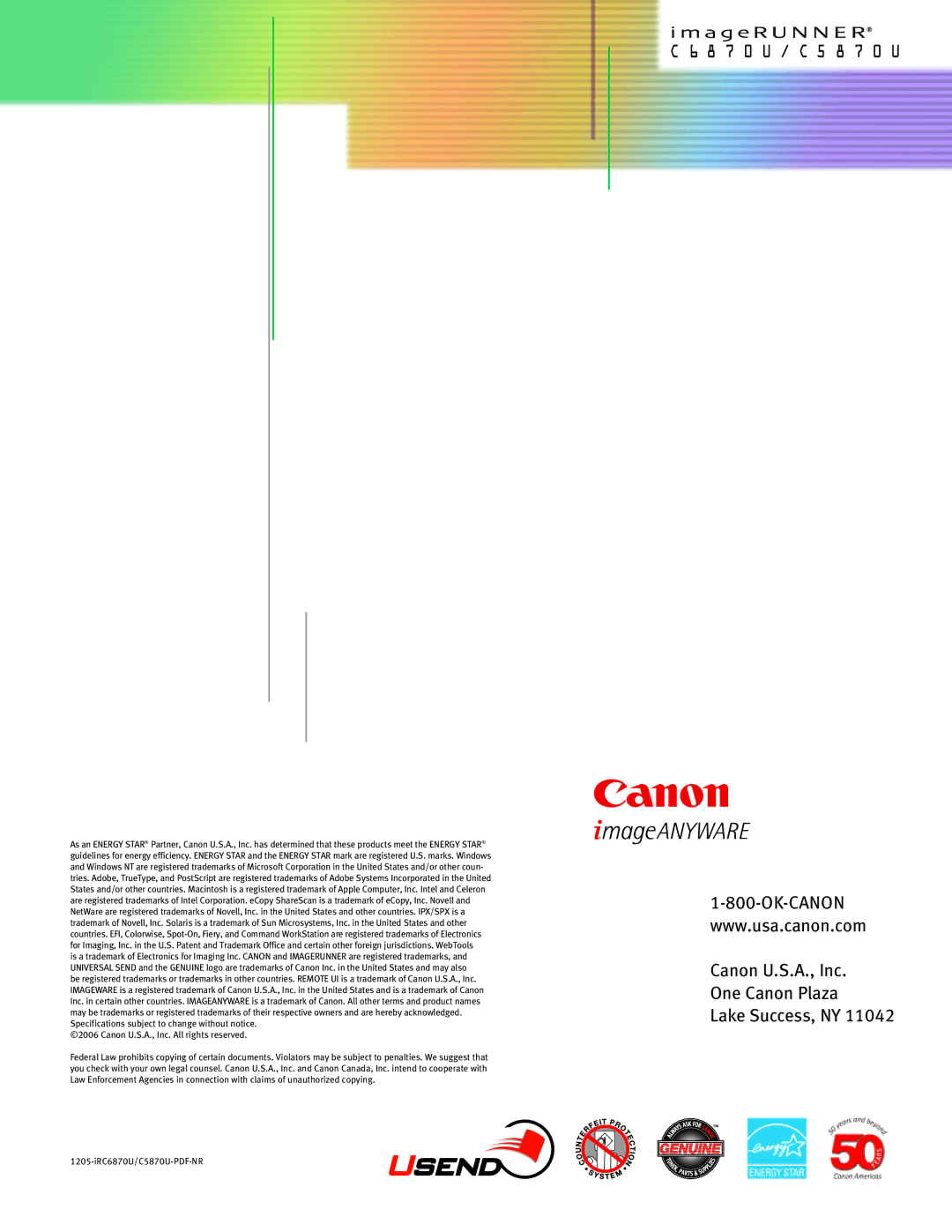 Canon C5870U, C6870U manual Canon U.S.A., Inc One Canon Plaza Lake Success, NY 