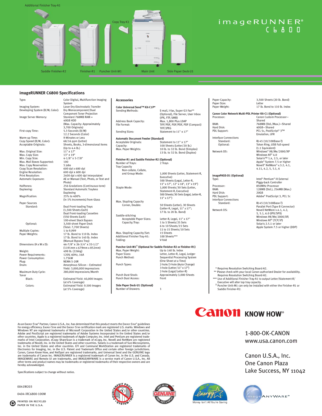 Canon C6800 manual Canon U.S.A., Inc One Canon Plaza Lake Success, NY 