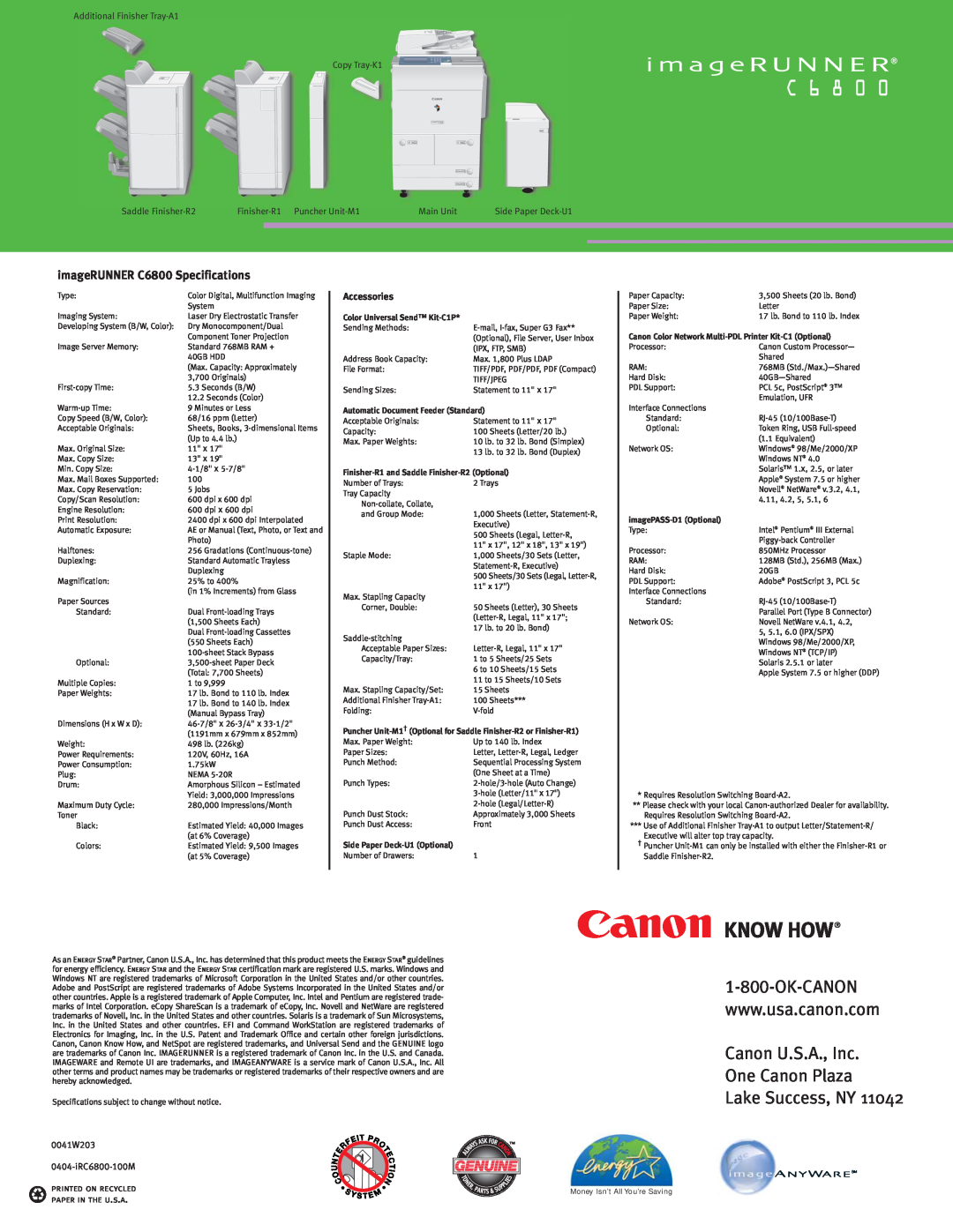 Canon manual imageRUNNER C6800 Specifications, Accessories, Additional Finisher Tray-A1 Copy Tray-K1, Saddle Finisher-R2 