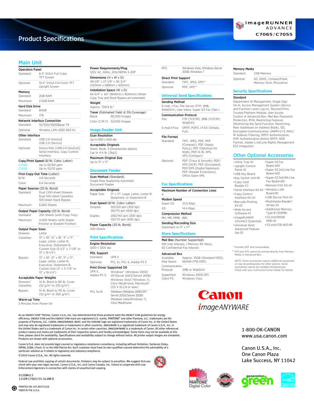 Canon C7055 manual Main Unit, Canon U.S.A., Inc One Canon Plaza Lake Success, NY, Product Specifications, Image Reader Unit 