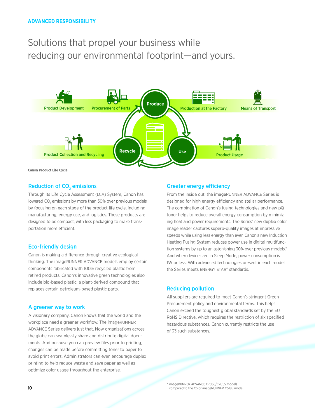 Canon C7055, C7065 manual Reduction of CO2 emissions, Eco-friendly design, Greener way to work, Greater energy efficiency 