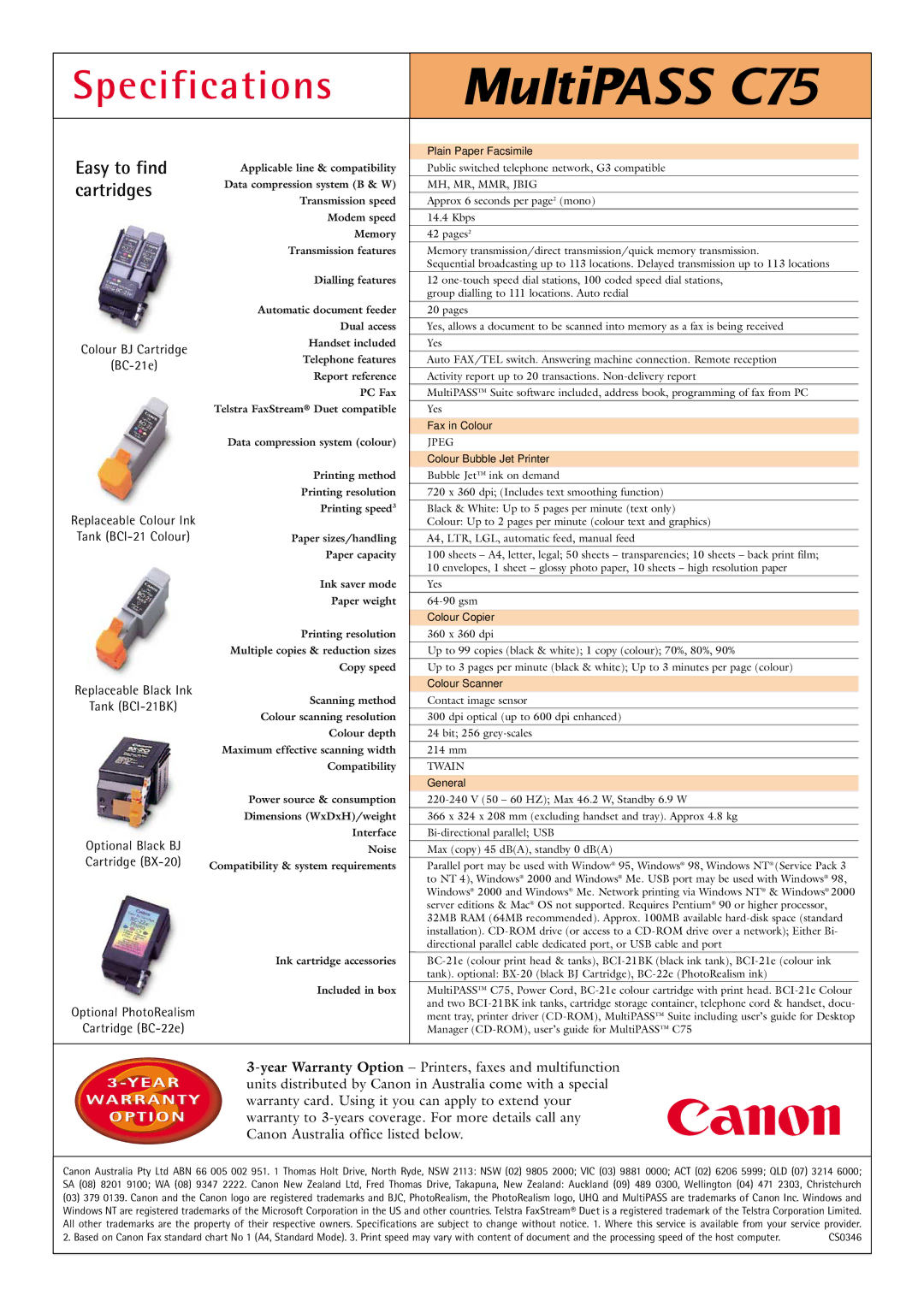 Canon C75 manual Specifications, Easy to find cartridges 