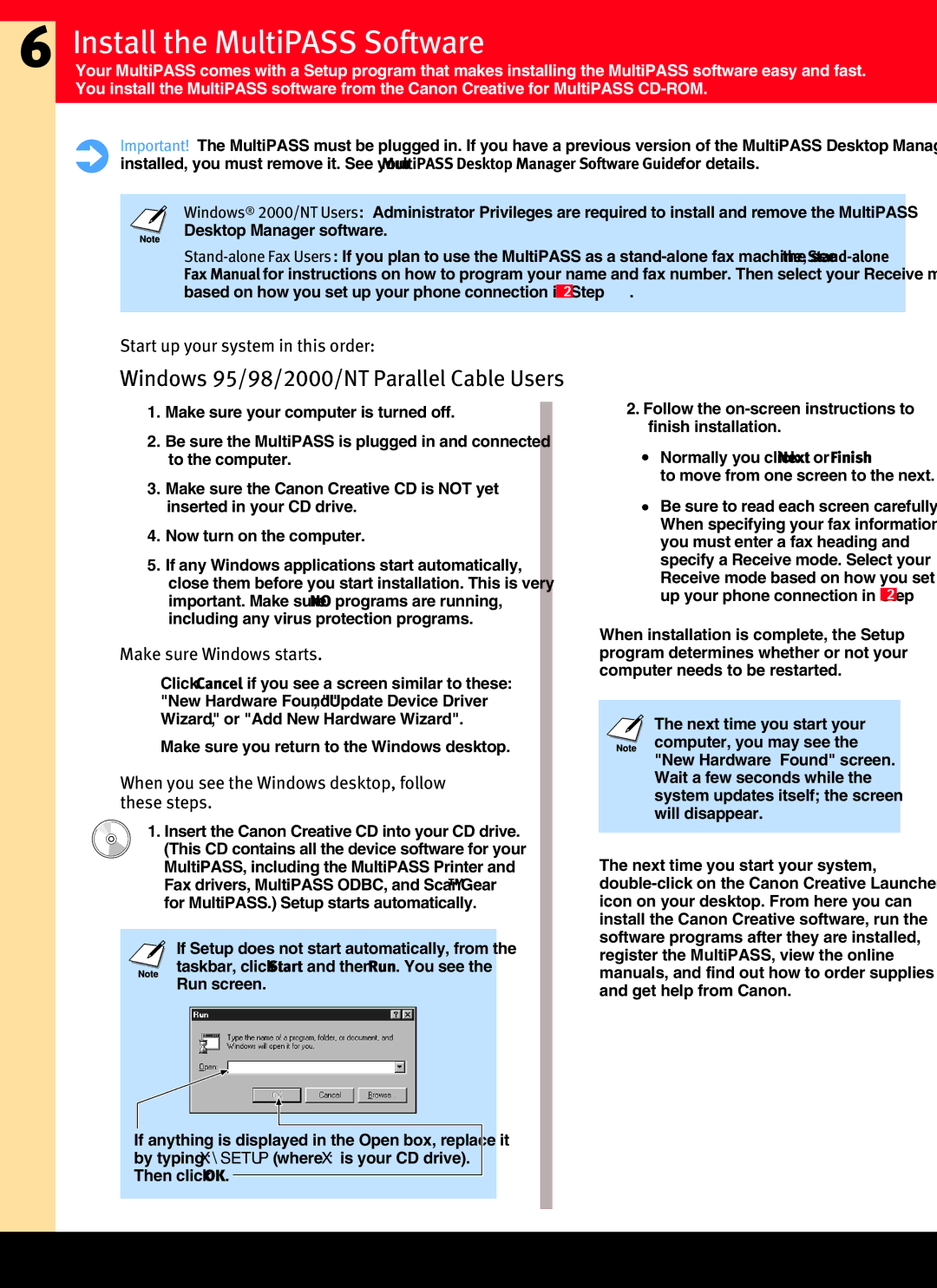 Canon C755 quick start Install the MultiPASS Software, Windows 95/98/2000/NT Parallel Cable Users 