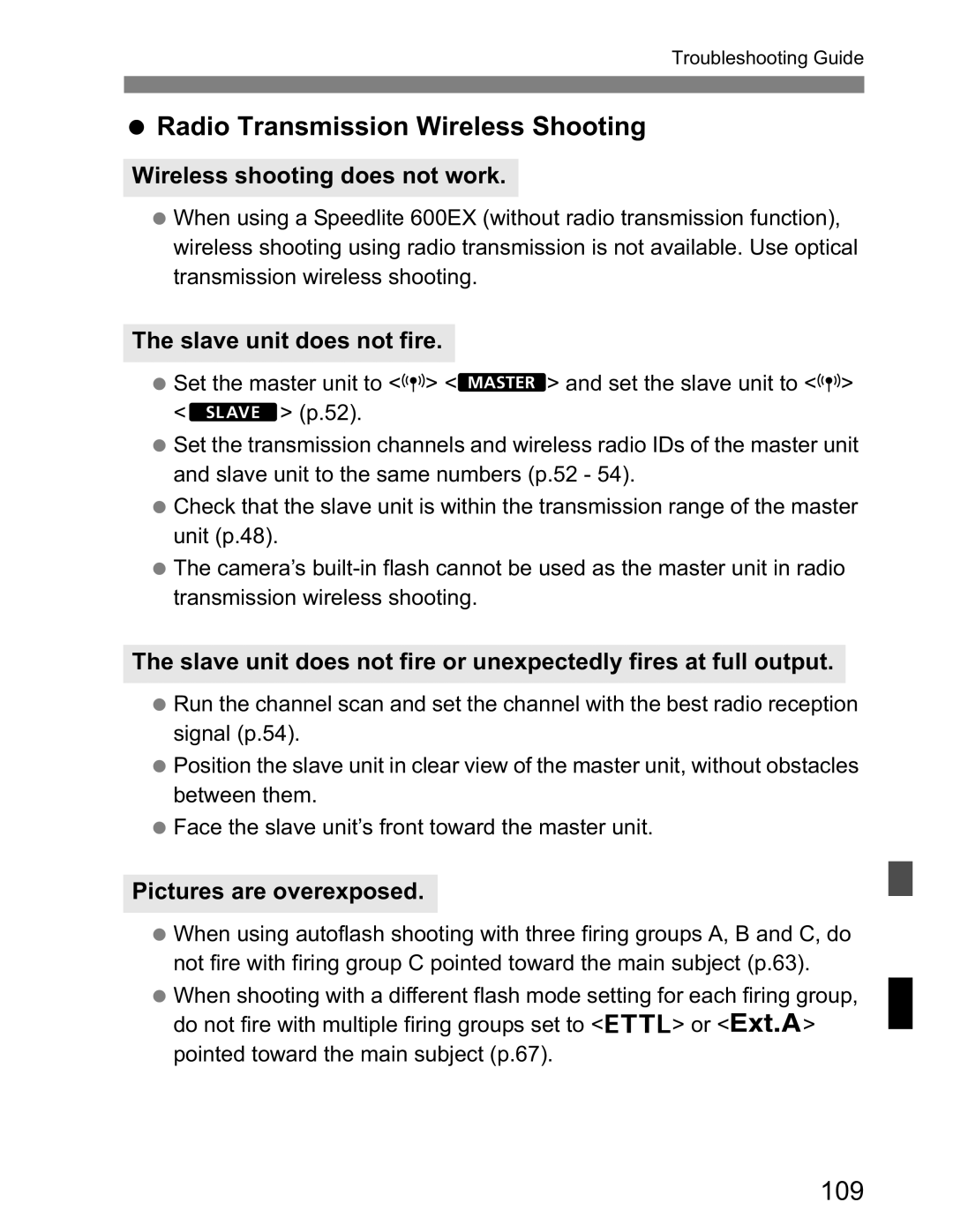 Canon Canon Speedlite 600EX RT instruction manual Radio Transmission Wireless Shooting, Wireless shooting does not work 