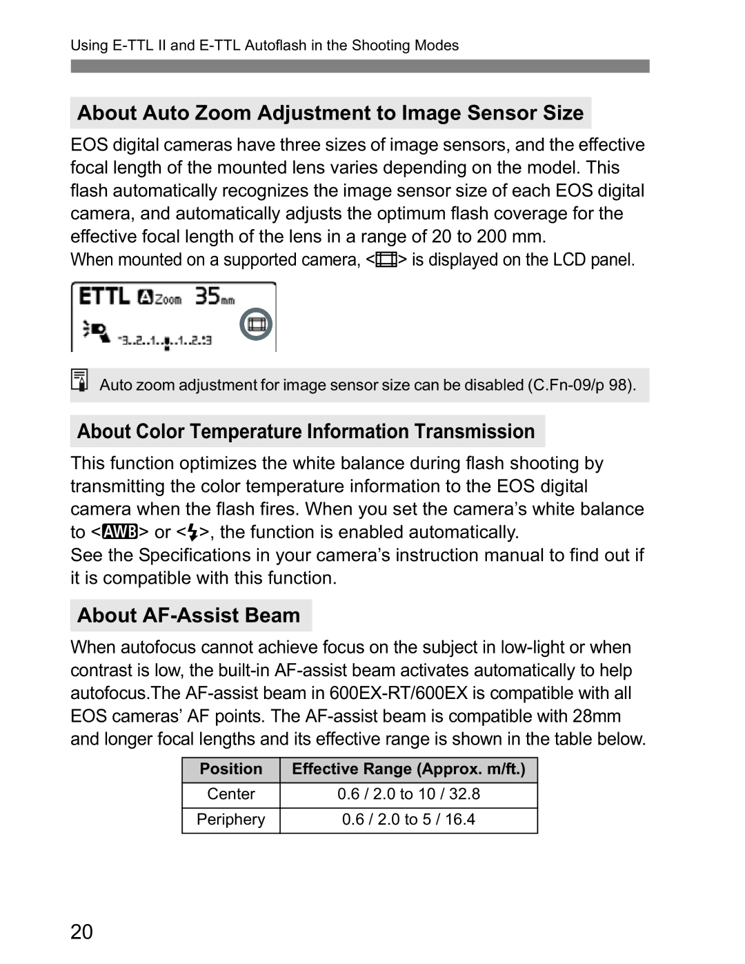 Canon Canon Speedlite 600EX RT instruction manual About Auto Zoom Adjustment to Image Sensor Size, About AF-Assist Beam 