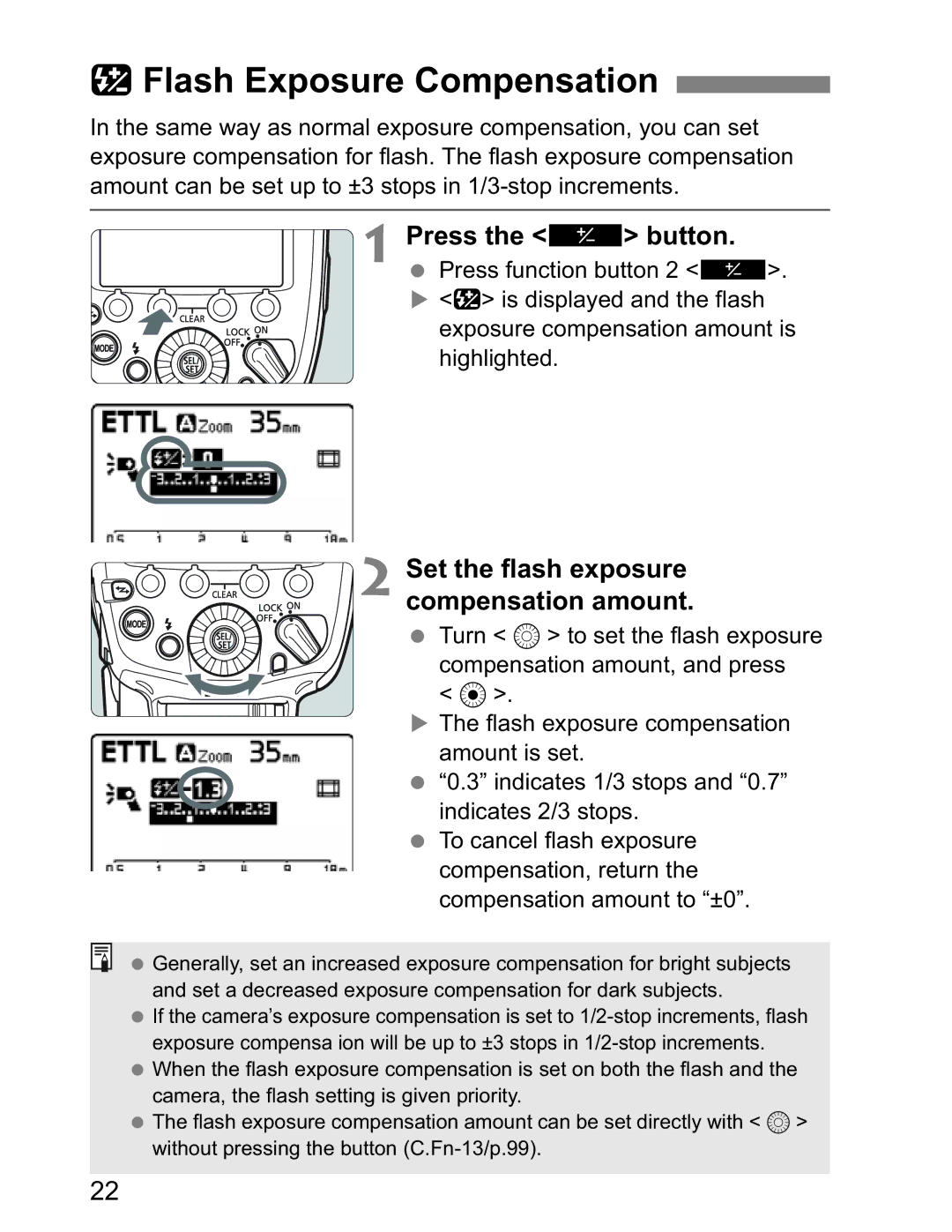 Canon Canon Speedlite 600EX RT instruction manual FFlash Exposure Compensation, Set the flash exposure compensation amount 