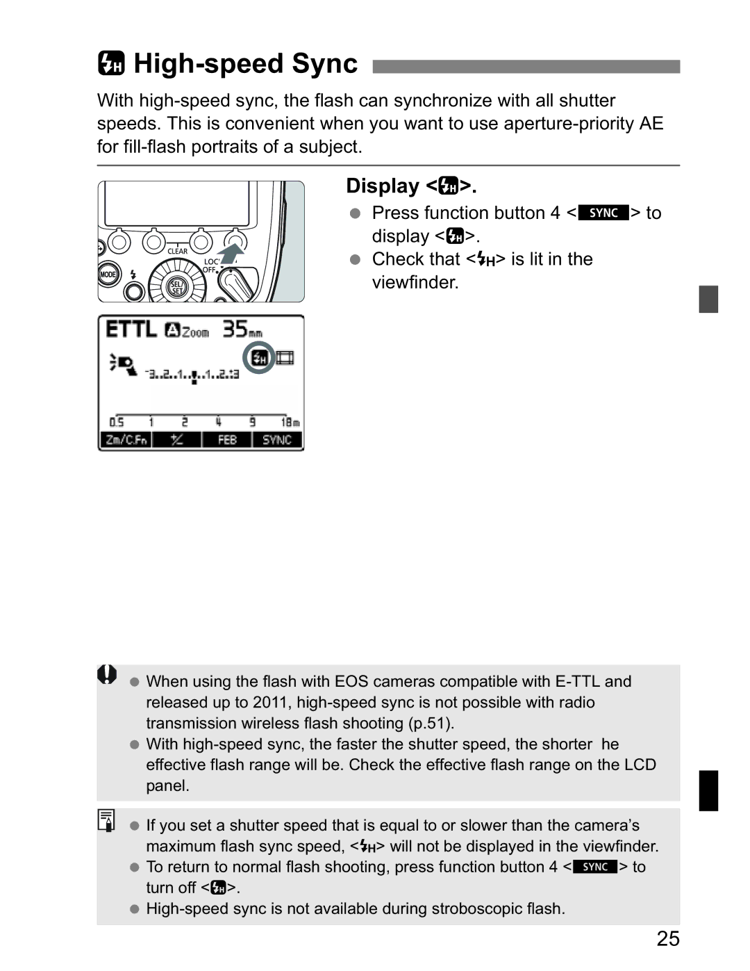 Canon Canon Speedlite 600EX RT instruction manual CHigh-speed Sync, Display c 