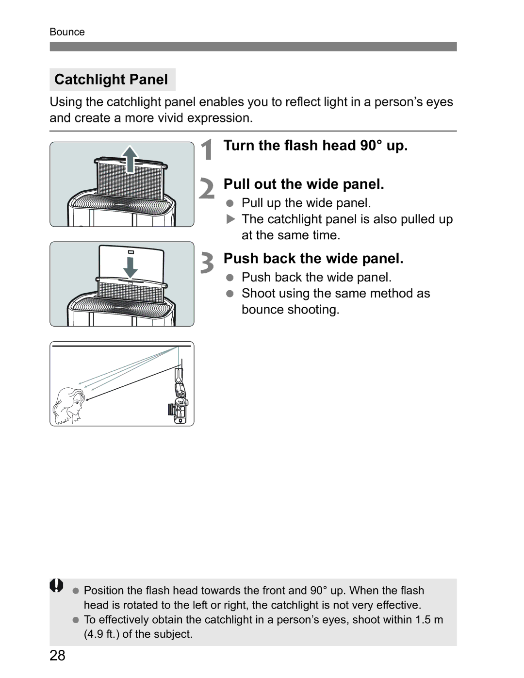 Canon Canon Speedlite 600EX RT instruction manual Catchlight Panel, Turn the flash head 90 up Pull out the wide panel 