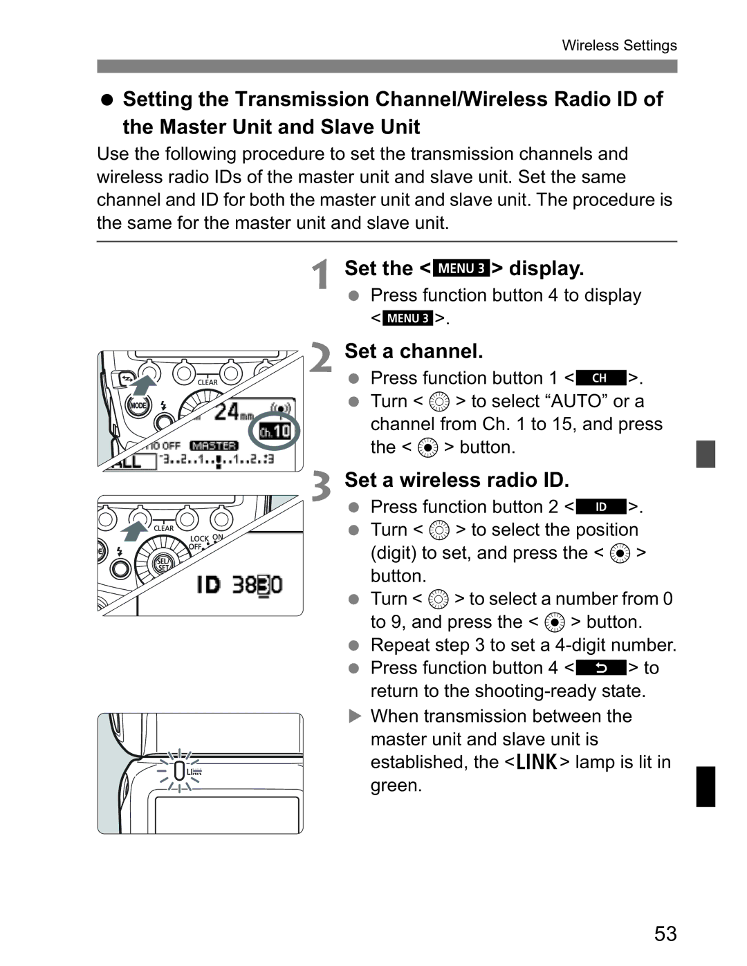 Canon Canon Speedlite 600EX RT instruction manual Set a channel, Set a wireless radio ID 