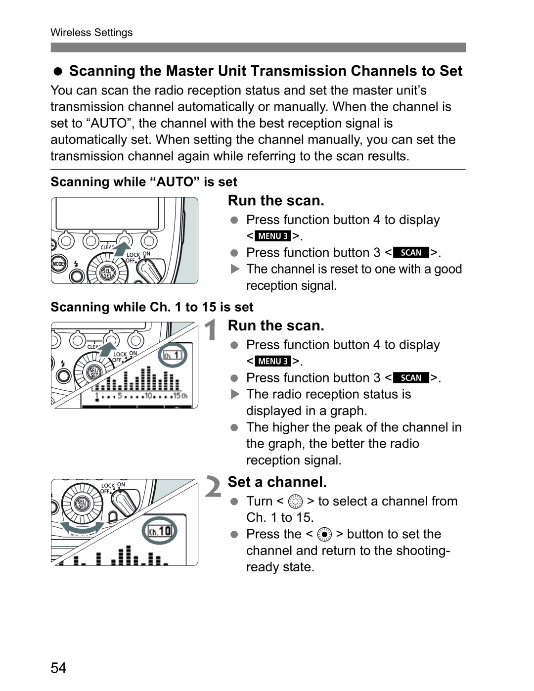 Canon Canon Speedlite 600EX RT instruction manual Scanning the Master Unit Transmission Channels to Set, Run the scan 