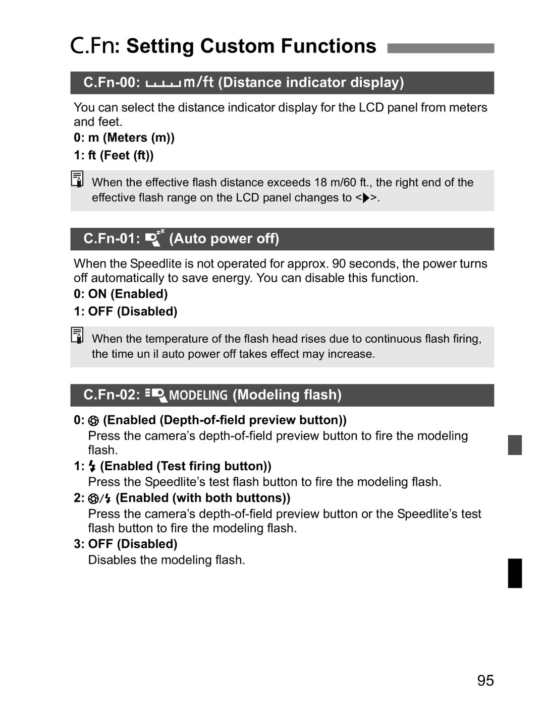 Canon Canon Speedlite 600EX RT instruction manual Setting Custom Functions, Fn-00 Distance indicator display 