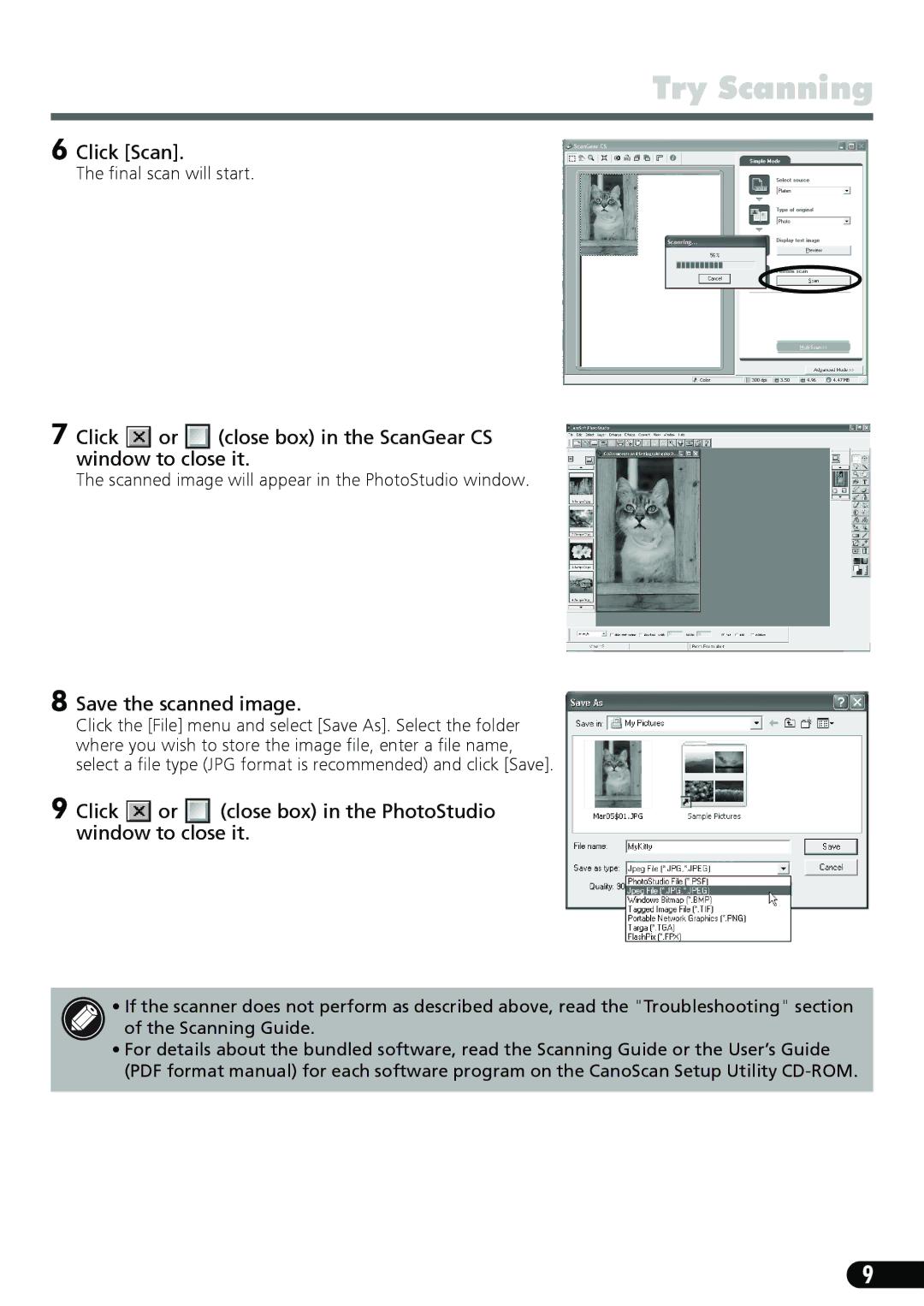 Canon CanoScan LiDe 50 manual Click Scan, Click or close box in the ScanGear CS window to close it, Save the scanned image 