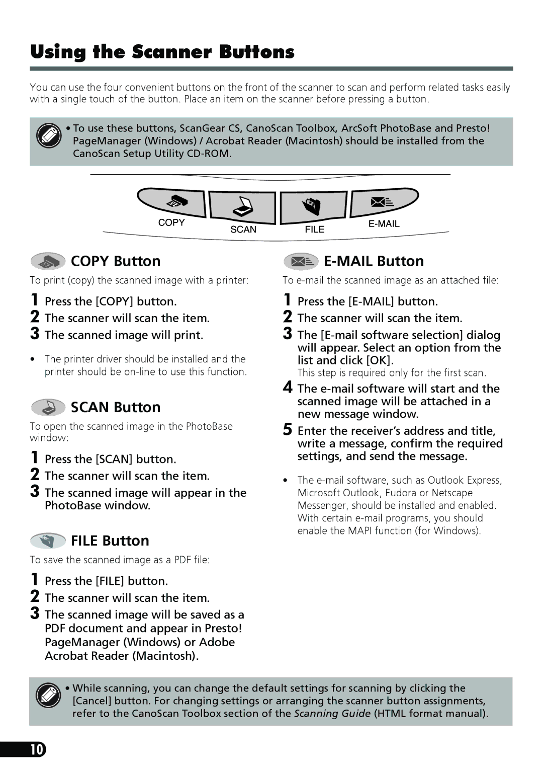 Canon CanoScan LiDe 50 manual Using the Scanner Buttons, Copy Button, Mail Button, Scan Button, File Button 