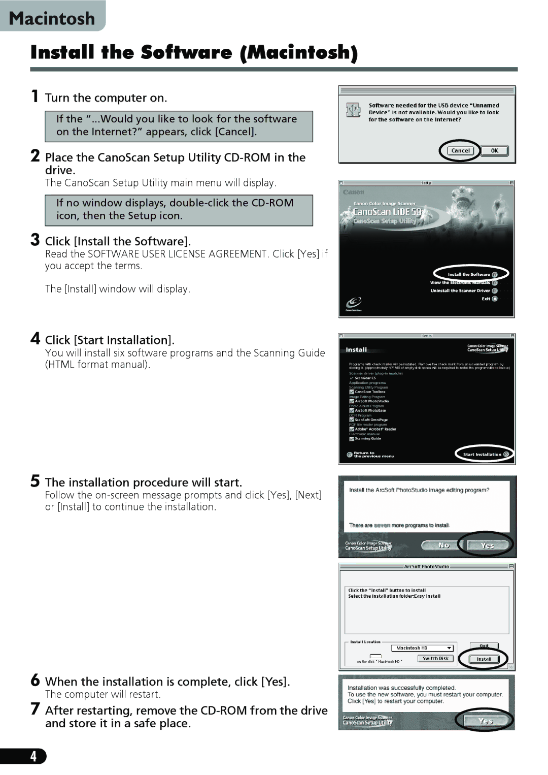 Canon CanoScan LiDe 50 manual Install the Software Macintosh 