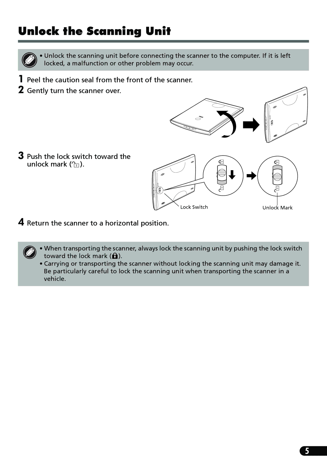 Canon CanoScan LiDe 50 manual Unlock the Scanning Unit, Return the scanner to a horizontal position 