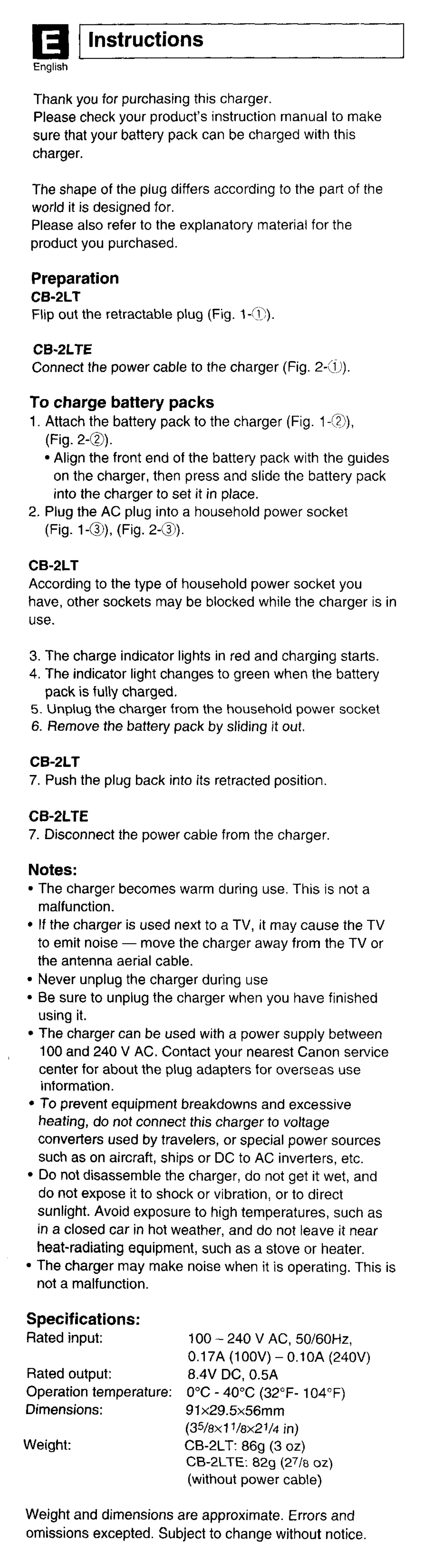 Canon CB-2LTE manual Instructions English, Preparation, To charge baerybattery packs, Specifications 