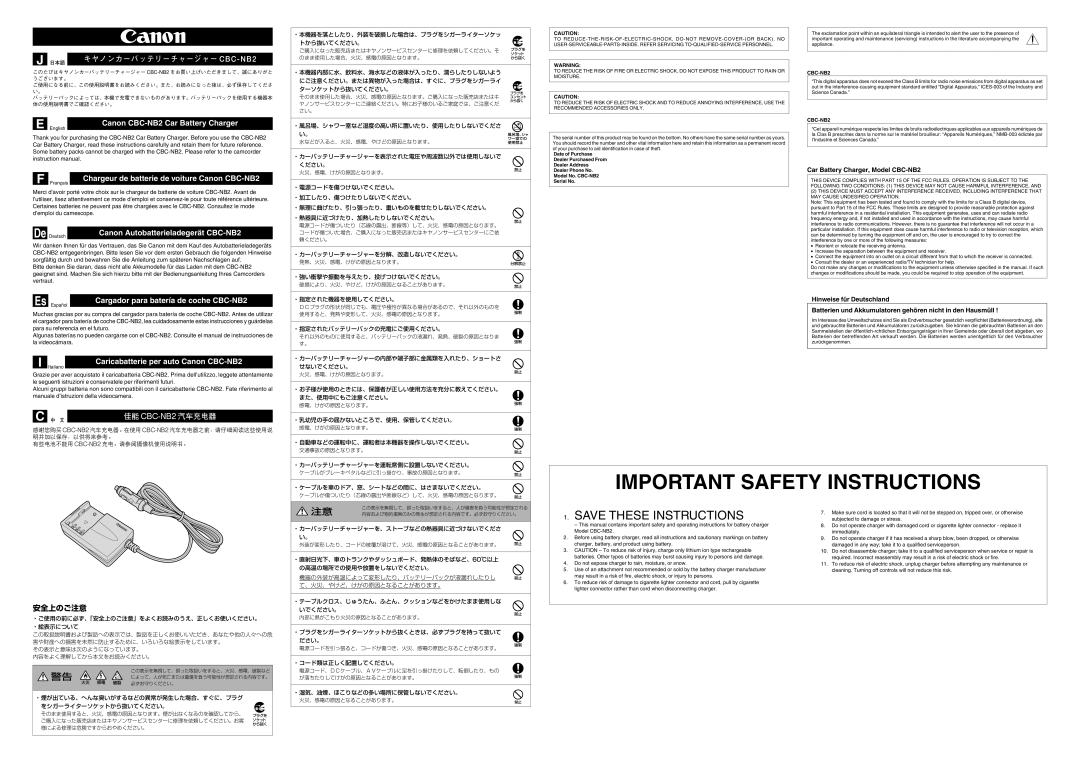 Canon important safety instructions Canon CBC-NB2 Car Battery Charger, De Canon Autobatterieladegerät CBC-NB2 