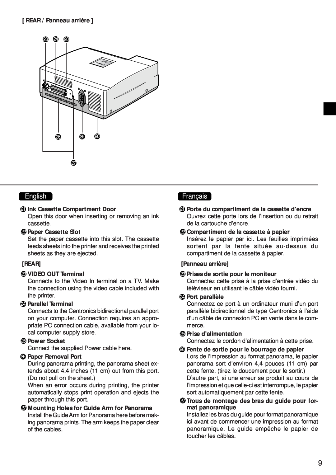 Canon CD-300 manual REAR / Panneau arrière, Ink Cassette Compartment Door, Paper Cassette Slot, REAR VIDEO OUT Terminal 