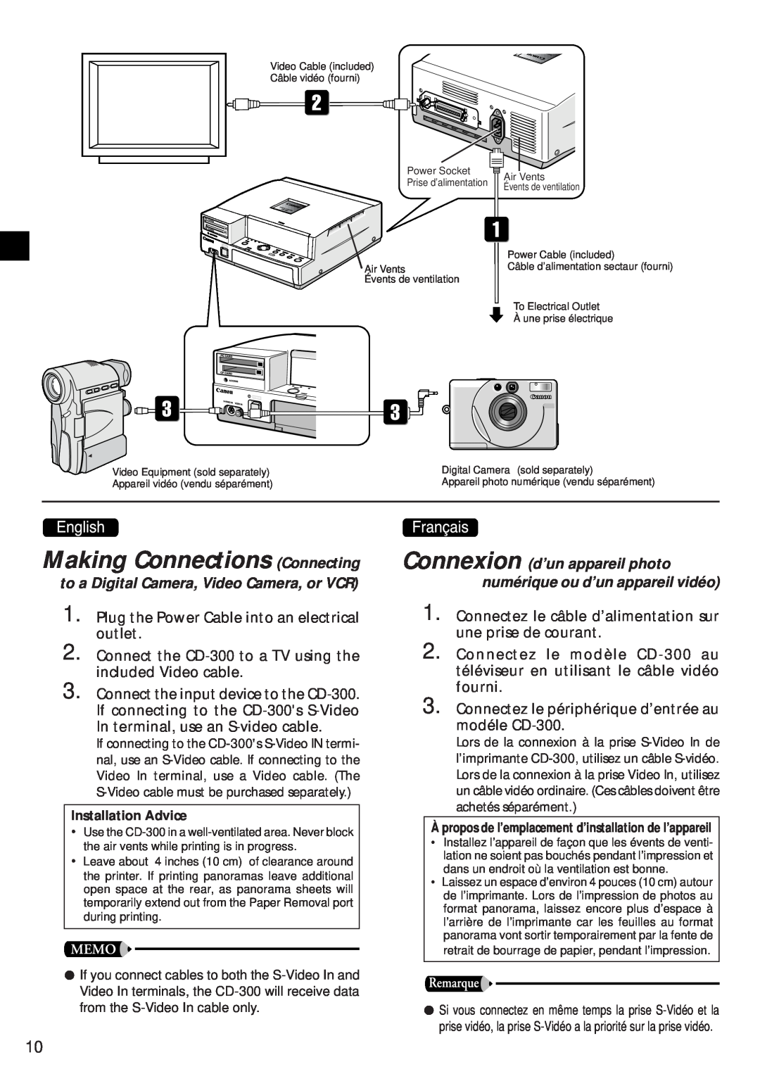 Canon CD-300 manual Making Connections Connecting, to a Digital Camera, Video Camera, or VCR, Installation Advice 