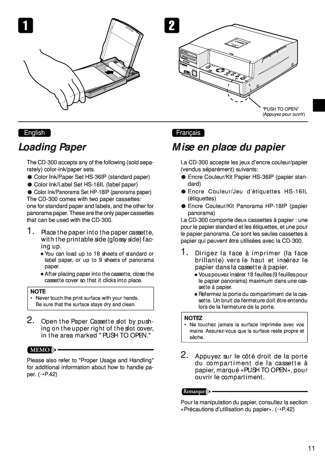 Canon CD-300 manual Loading Paper, Mise en place du papier, Notez 