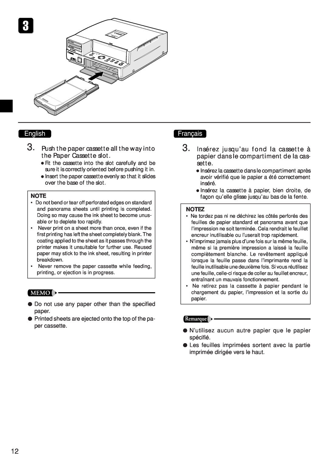 Canon CD-300 manual Push the paper cassette all the way into the Paper Cassette slot, Notez 