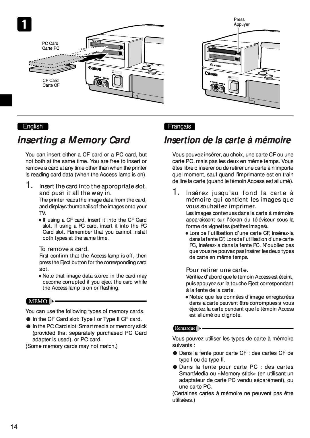 Canon CD-300 manual Inserting a Memory Card, Insertion de la carte à mémoire 