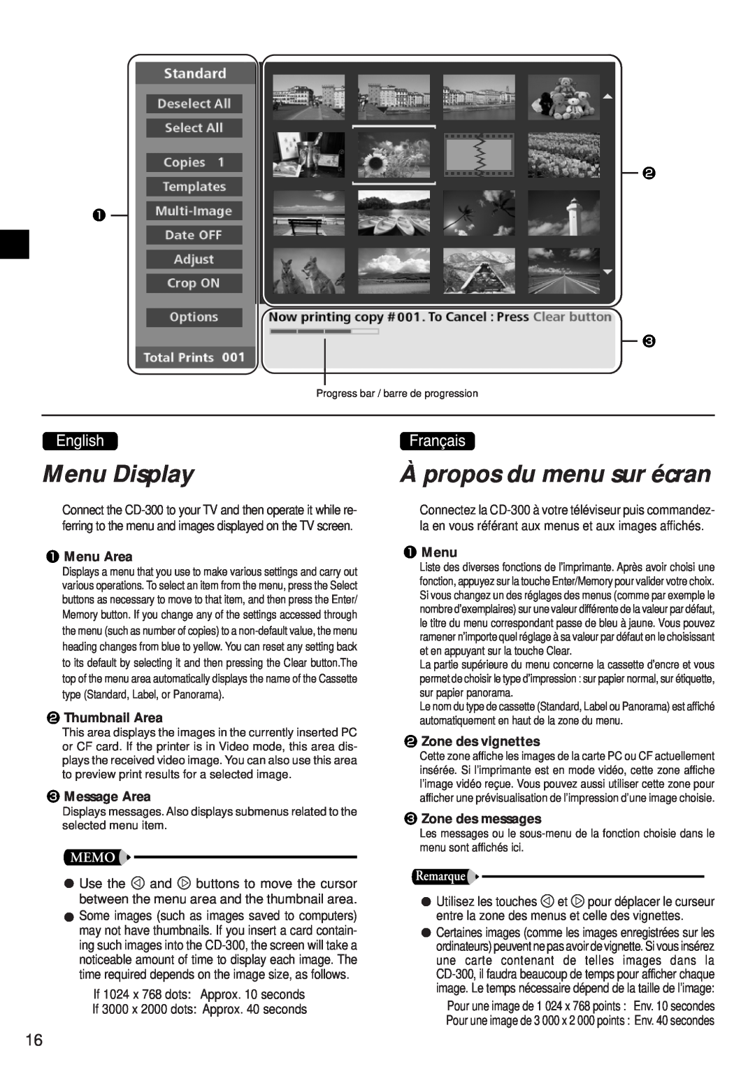 Canon CD-300 manual Menu Display, À propos du menu sur écran, Menu Area, Thumbnail Area, Message Area, Zone des vignettes 